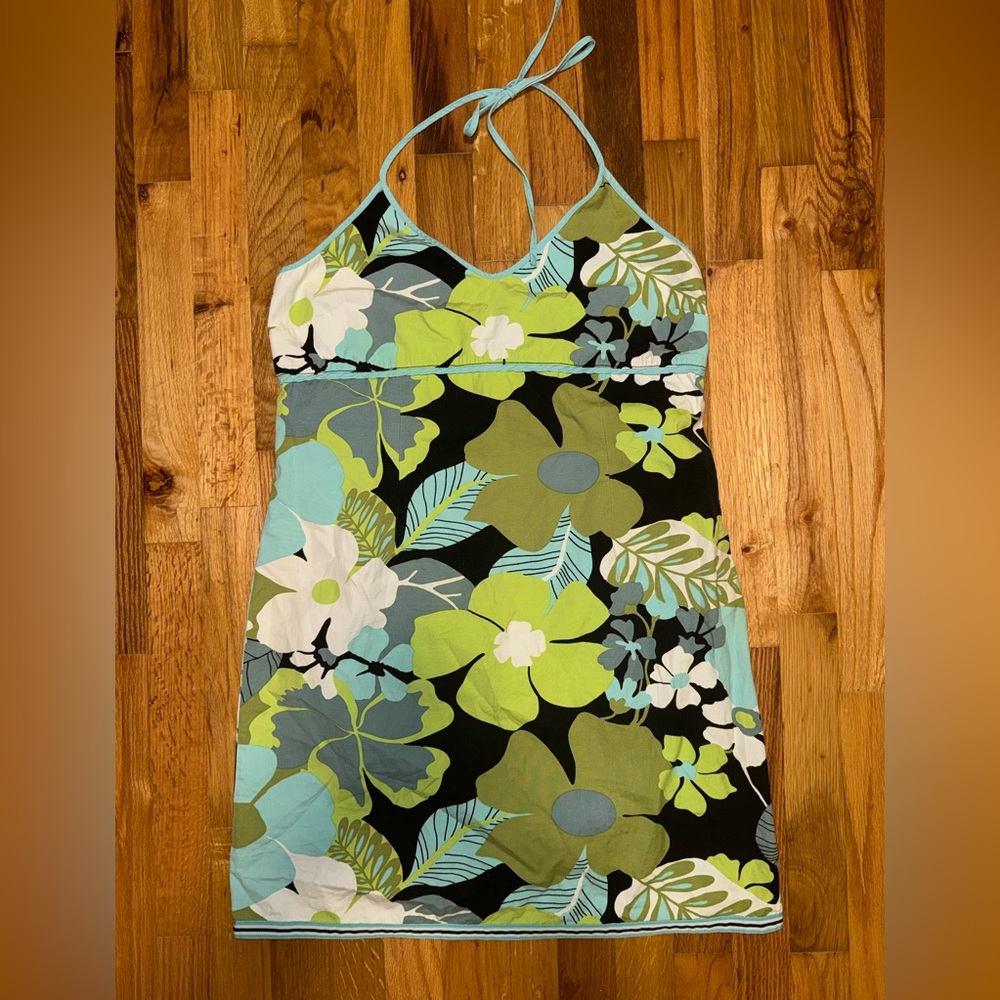 Y2K Vintage 2000’s Tropical Floral Patterned Halter Mini Spring Summer Dress